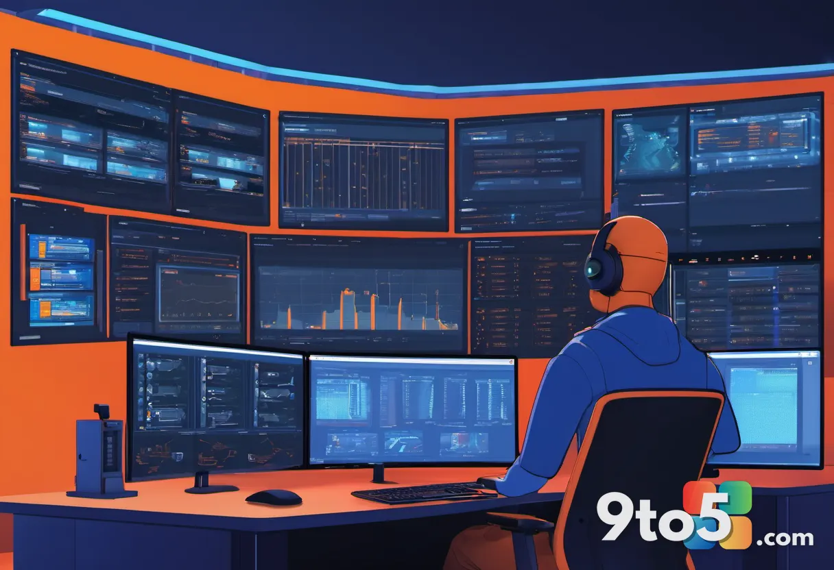 A network administrator reviewing server dashboards in a dim control room, multiple monitors showing code and alerts, bl