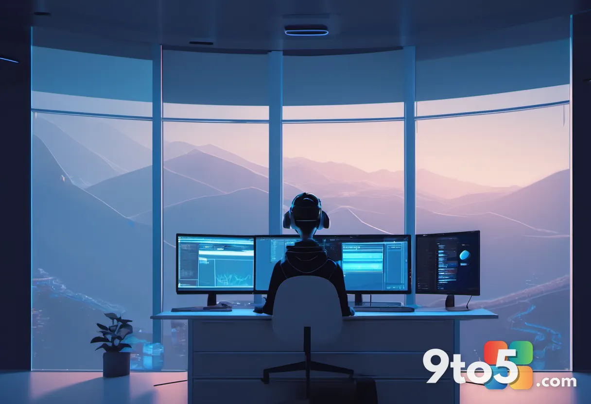 A system administrator at a multi-monitor workstation watching a Windows update progress bar reach 100%, dim data-center