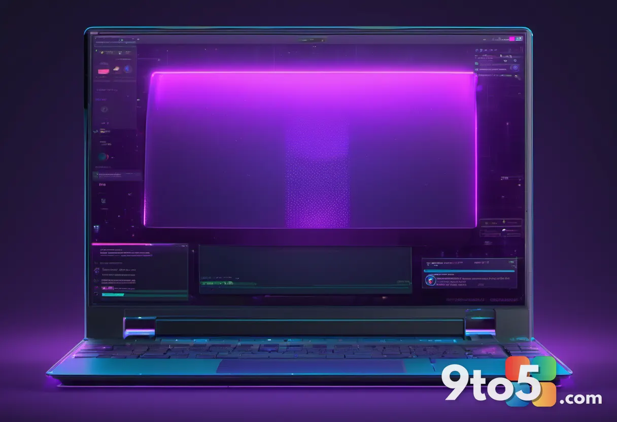 A Steam Deck controller casting a beam of glowing shader particles onto a laptop screen, dark background, vibrant purple