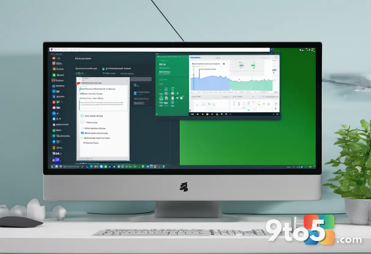 A modern desktop monitor showing the Windows Update settings screen with a spinning progress circle and green checkmark,