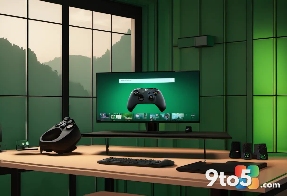 An Xbox controller beside a framed silhouette portrait of a game director, dramatic warm lighting, gaming studio atmosph