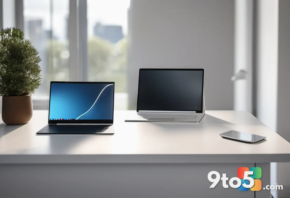 A sleek silver laptop and tablet standing on a minimalist white desk in warm natural light, modern office setting, shall
