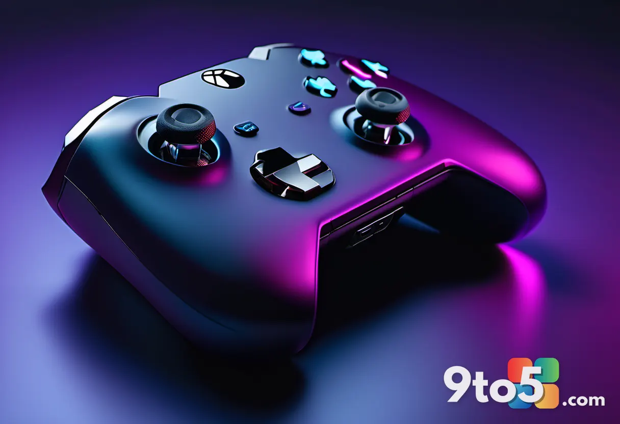 A modern gaming controller resting on a dark surface with soft blue and purple ambient lighting, contemporary gaming set