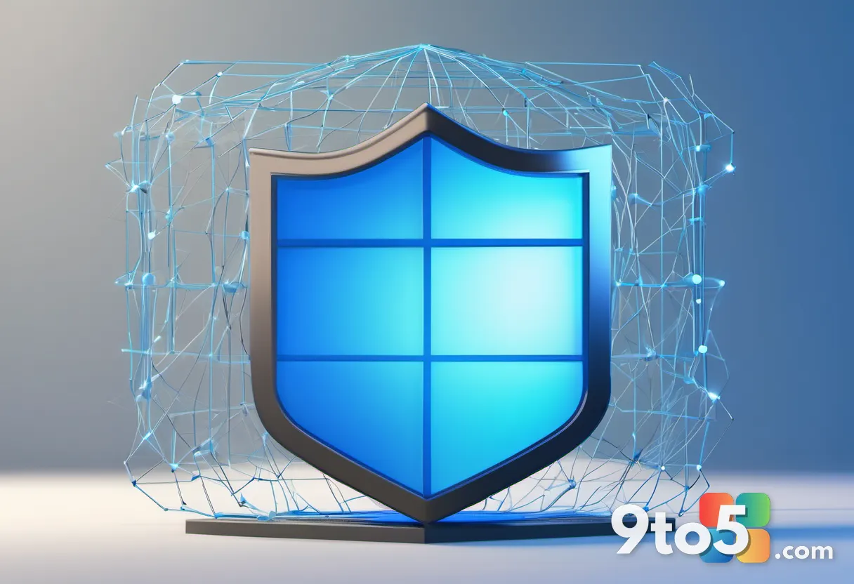 An abstract illustration of a Windows shield icon surrounded by interconnected network nodes representing enterprise sec