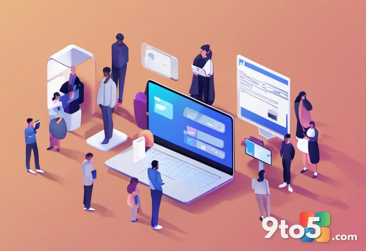 A diverse group of people using laptops and smartphones, with a digital age-check icon floating between them, warm profe