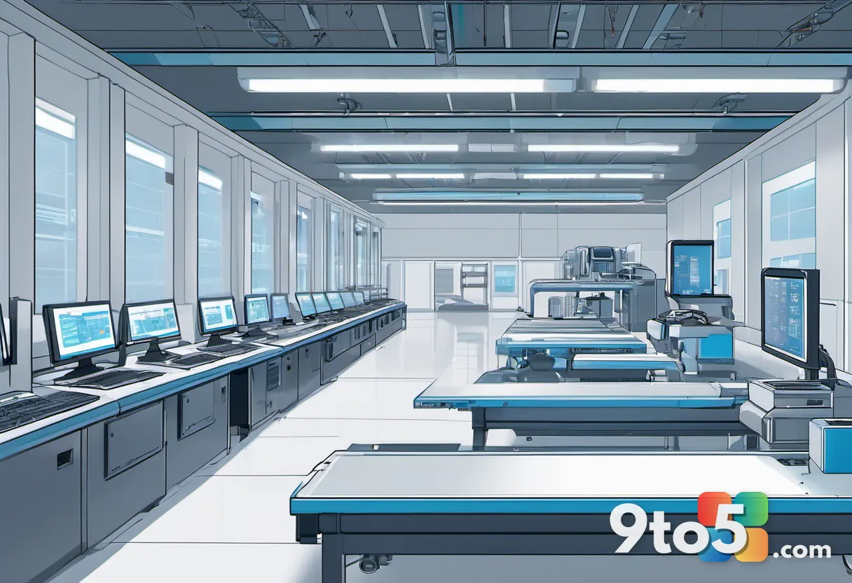 Conceptual illustration of a clean factory assembly line where Windows laptops are pre-configured with software by robot