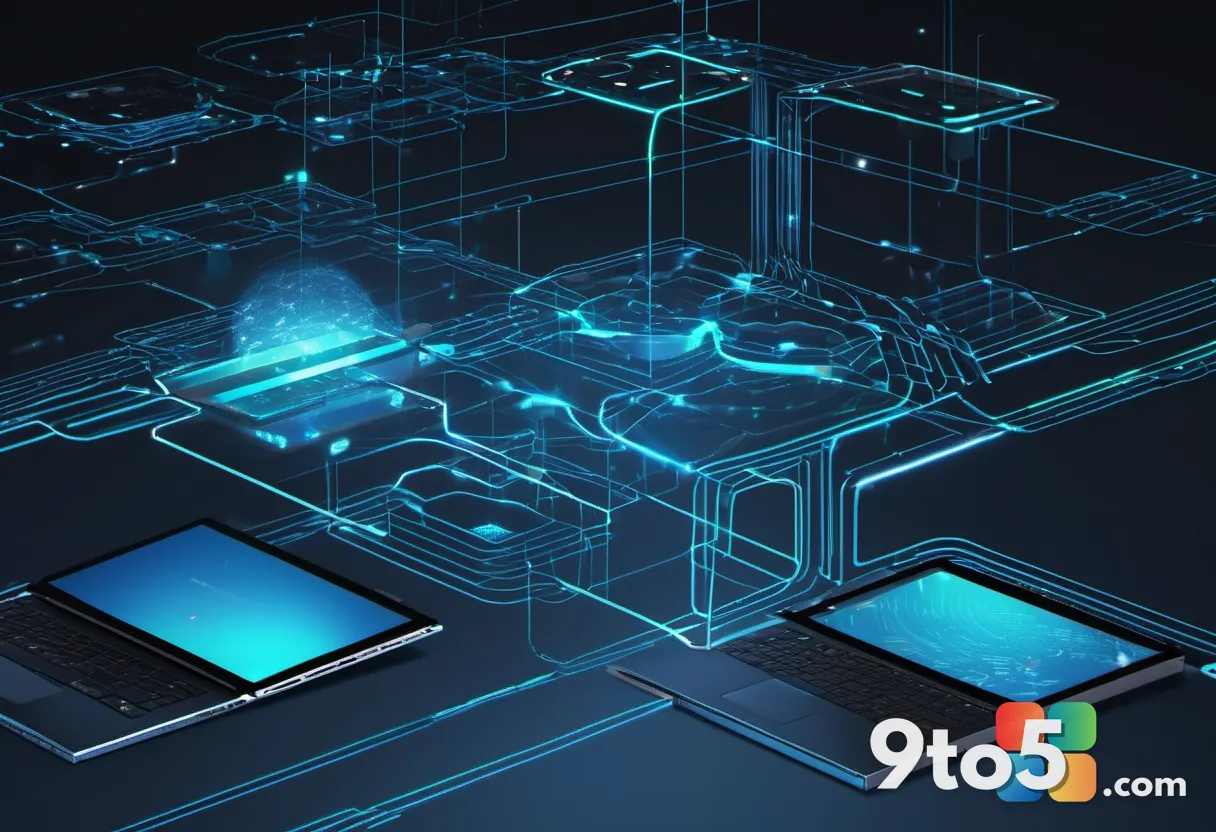 Abstract visualization of cloud-based device provisioning with glowing connected nodes and data streams flowing between 