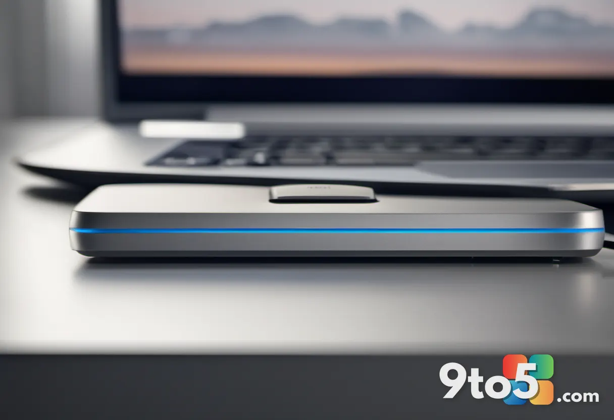 A close-up of a silver USB audio dongle plugged into a laptop port, warm desk lamp glow, shallow focus, editorial produc