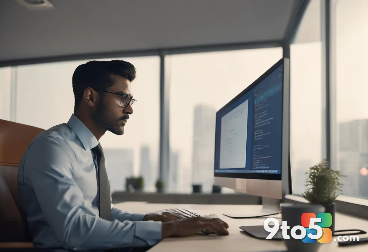 An office worker at a domain-joined desktop, confused expression, muted corporate tones, soft office background, editori