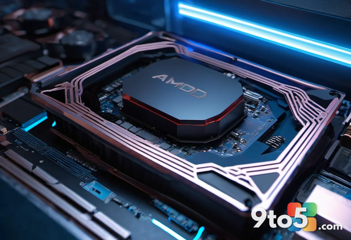 An AMD Radeon graphics card on a clean workbench, copper heatsink glinting, cool blue lighting, editorial hardware macro