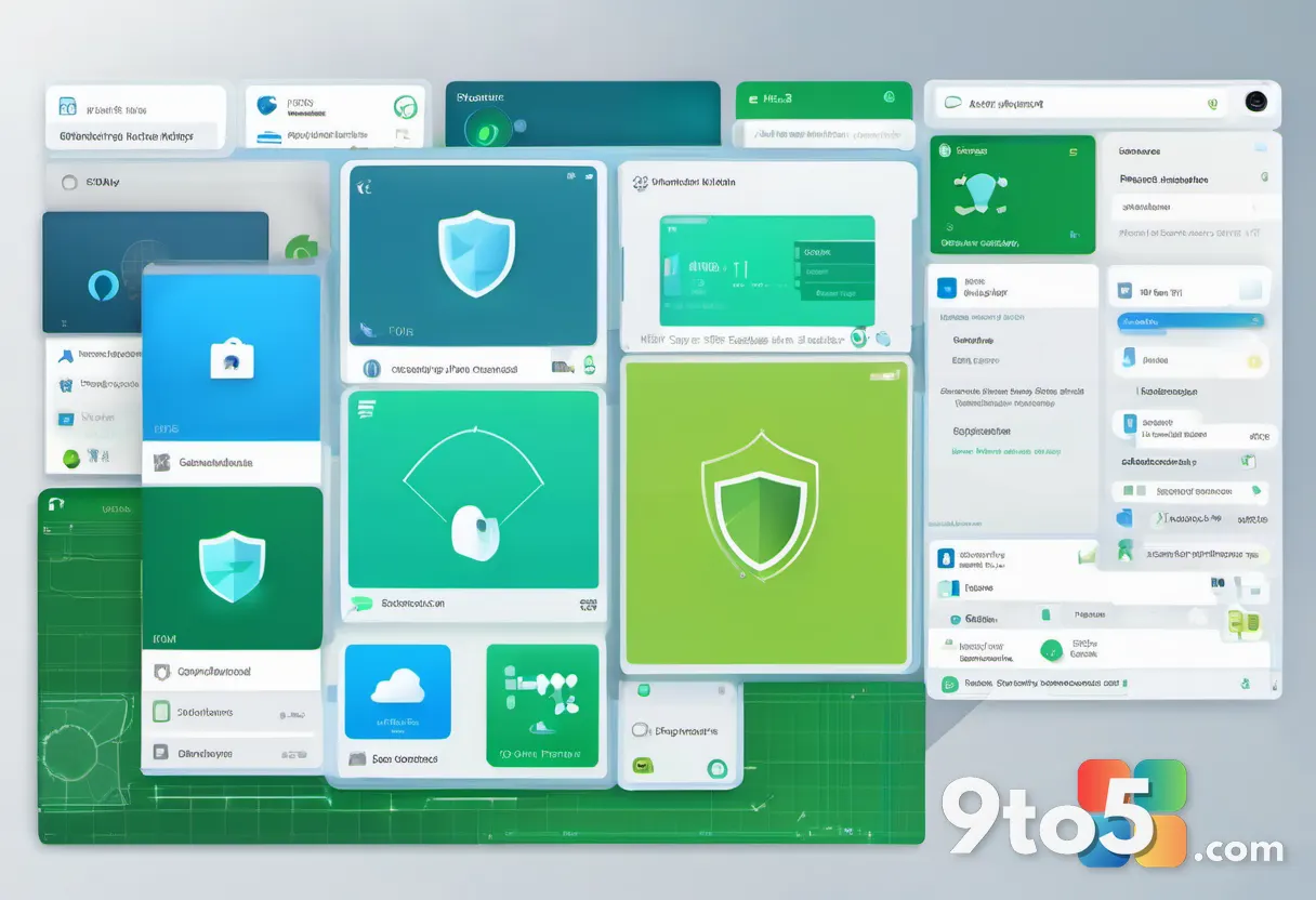 Conceptual tech diagram of a central account icon connecting to multiple app icons, each with a small protective shield,