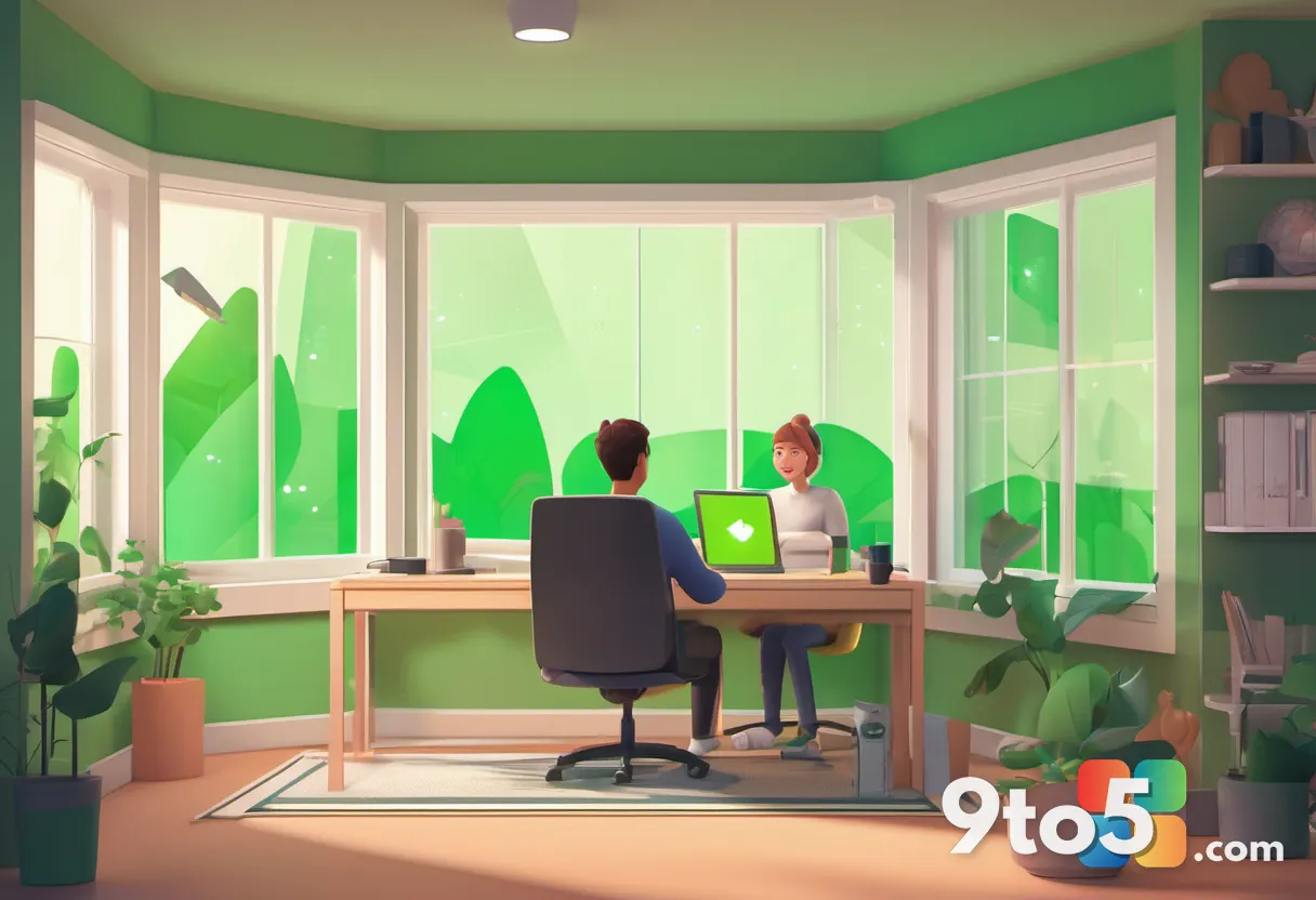 Illustration of a parent and teen at a laptop with a glowing green checkmark badge hovering above the screen, warm home 