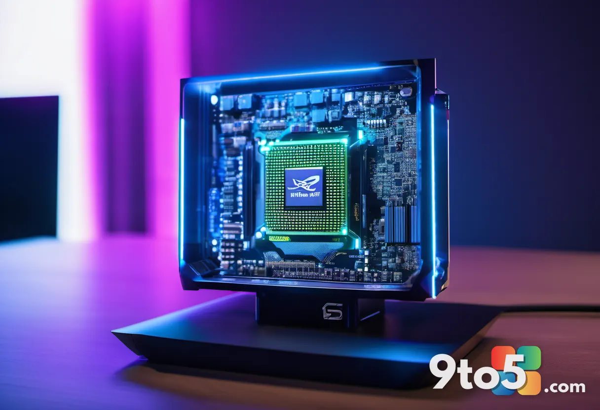 A glowing NVIDIA-style superchip resting on a demo table at a tech event, cool blue lighting, shallow depth of field, mi