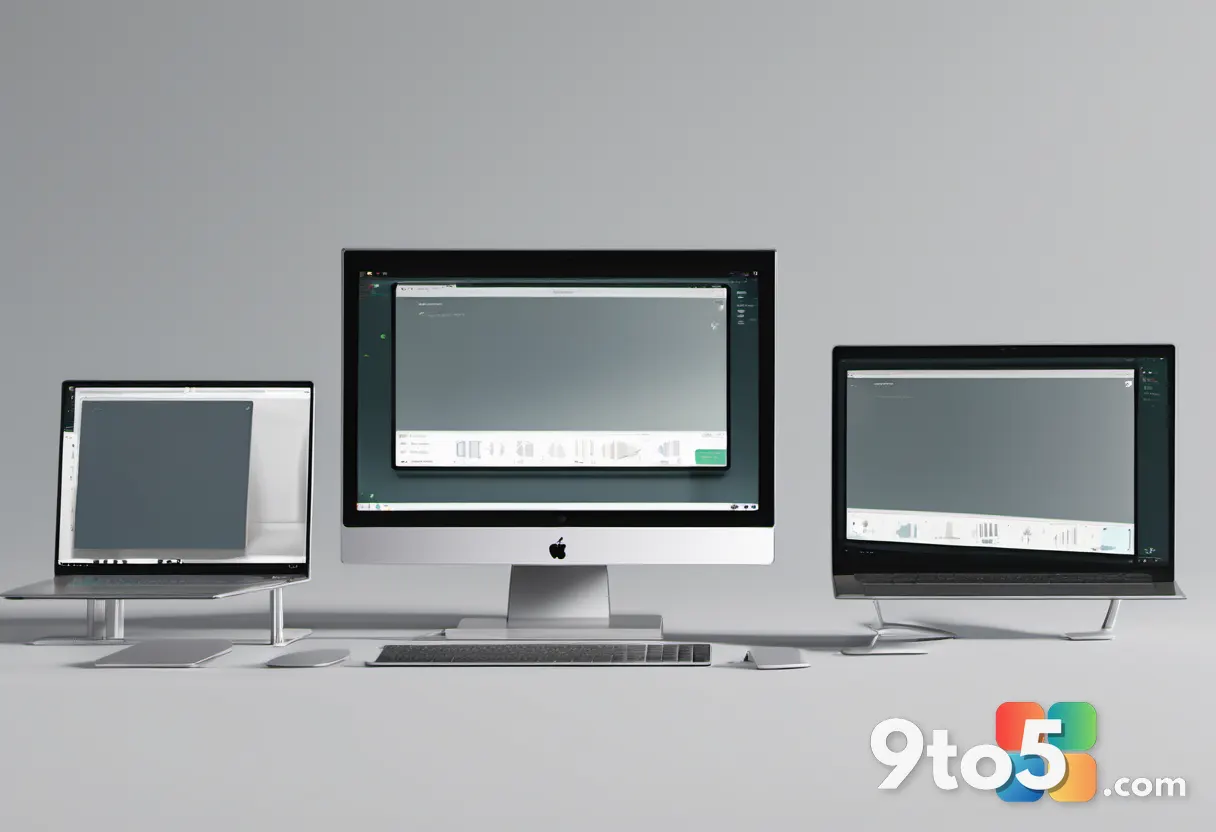 A row of Surface laptops in varying form factors on a retail-style display, soft ambient light, muted neutral tones.