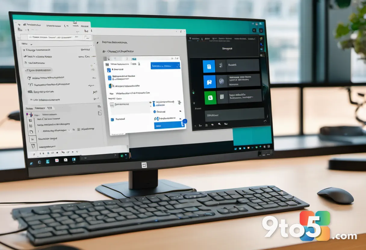 A Windows 11 Settings app window on a monitor with a small wrench icon, quiet office desk, natural window light.