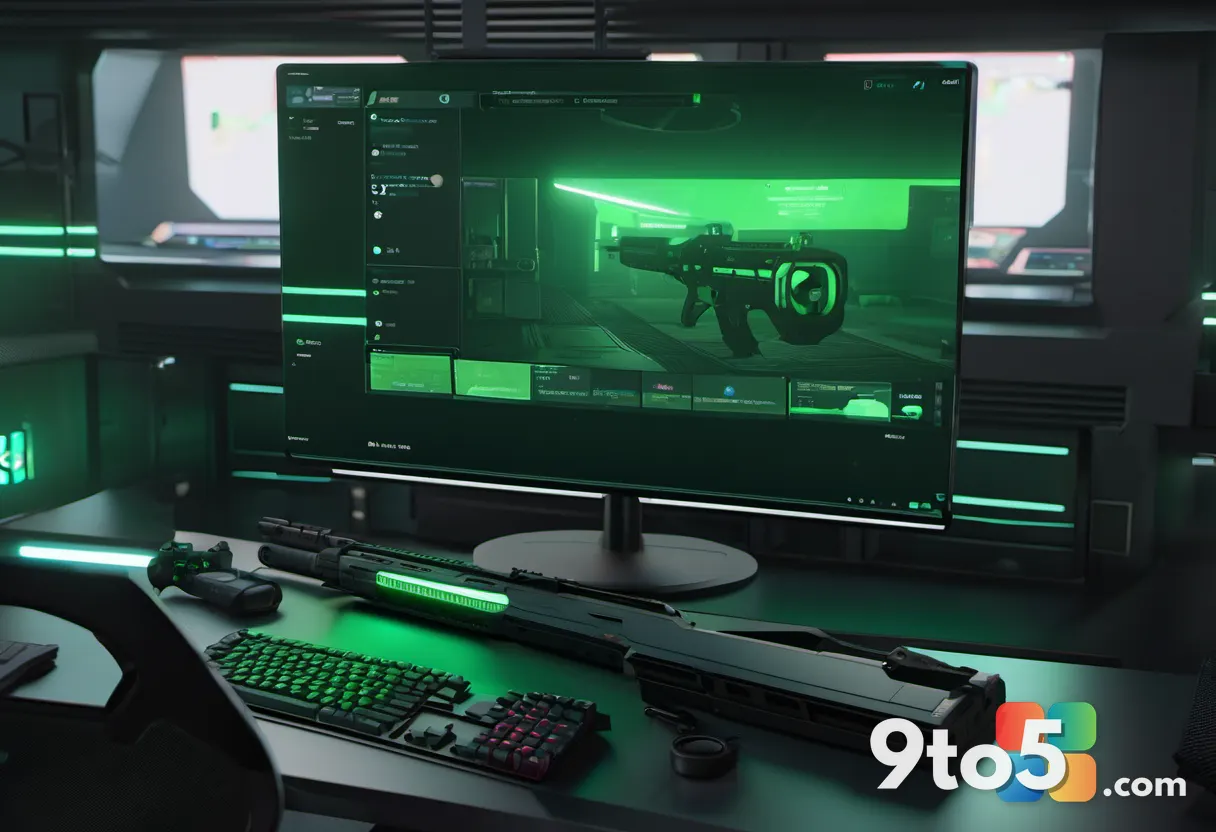 A first-person gaming monitor showing a weapon armory loadout screen with a glowing green rifle highlighted, a dim room 