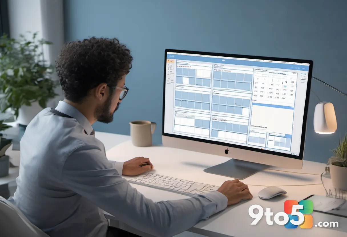 A professional at a desk looking slightly frustrated while reviewing a cluttered digital calendar on a laptop screen, so