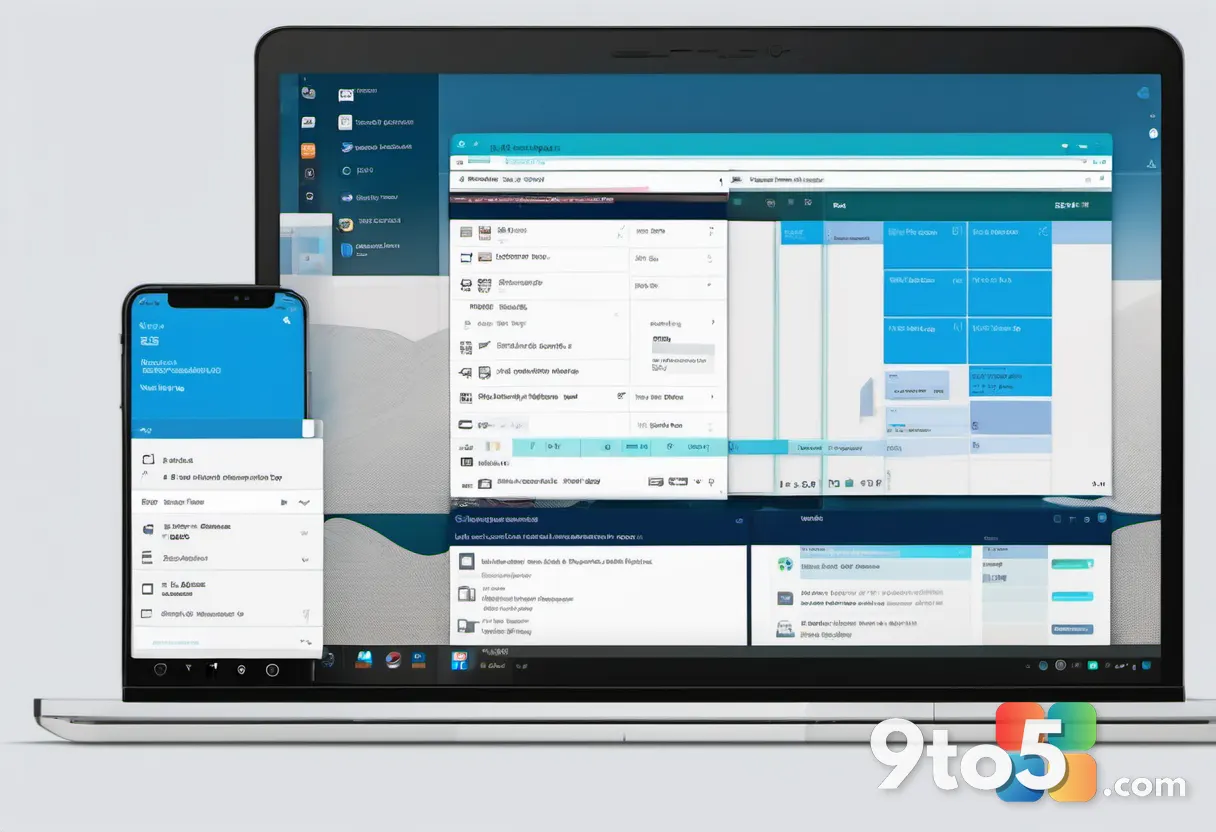A split-screen concept showing a sleek modern email app on one side and a traditional desktop application on the other, 