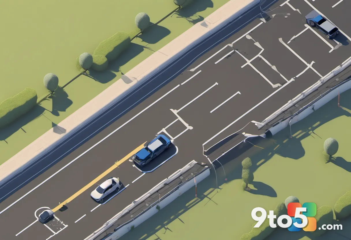 A conceptual minimalist image of a road splitting into multiple lanes marked with progress markers, representing softwar