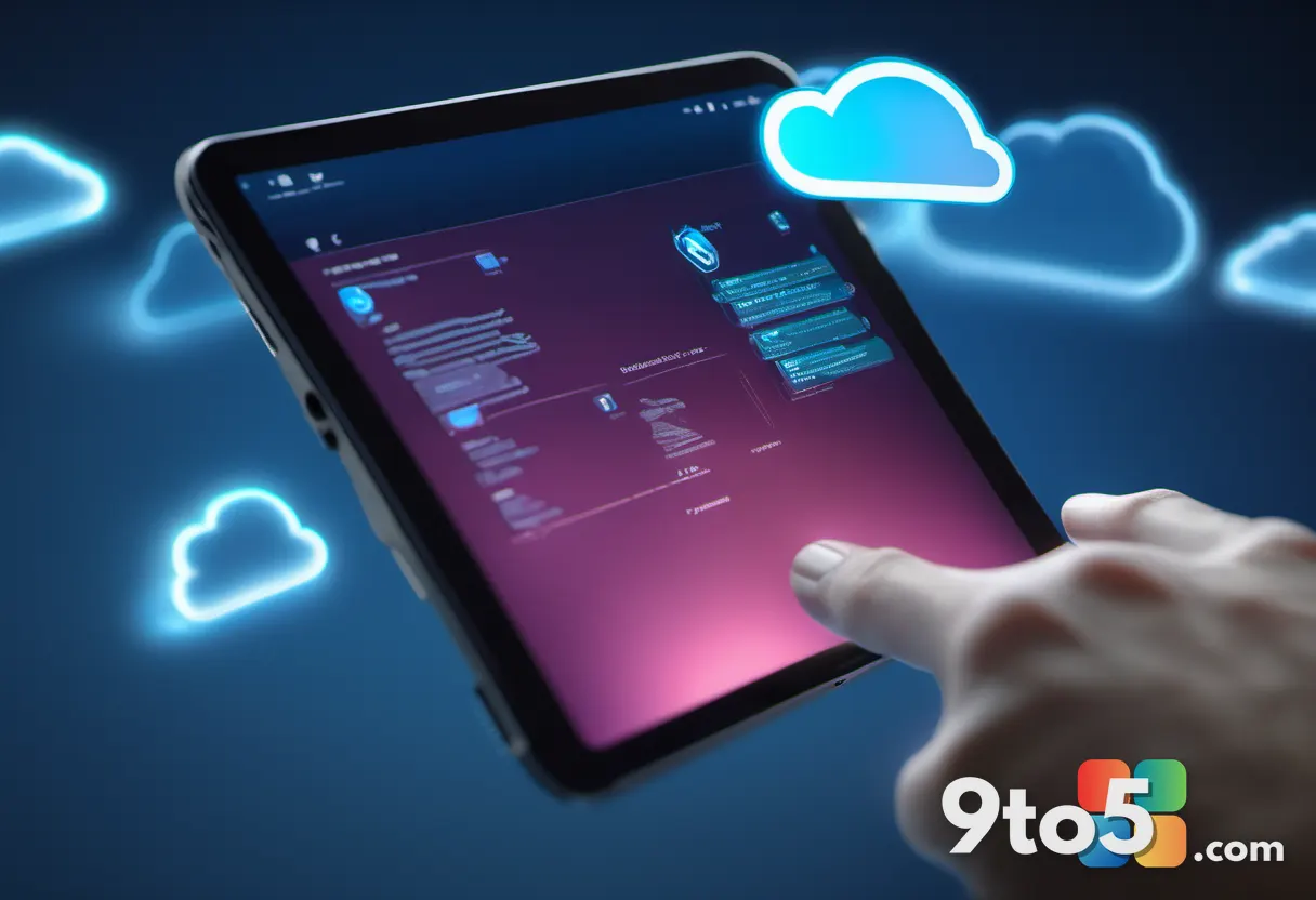 A close-up of a hand tapping a glowing cloud icon on a tablet screen, soft bokeh of code in the background, cool blue to