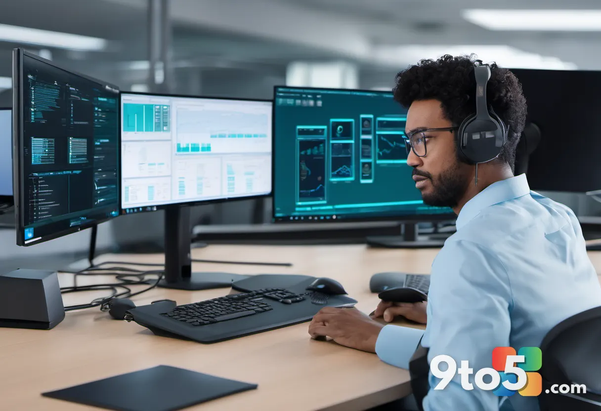 An IT administrator at a workstation with multiple monitors showing recovery and rebuild dashboards, cool blue and teal 