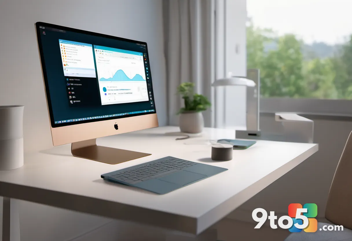 A person working remotely at home on a laptop, screen showing a clean desktop interface, warm ambient office lighting, s