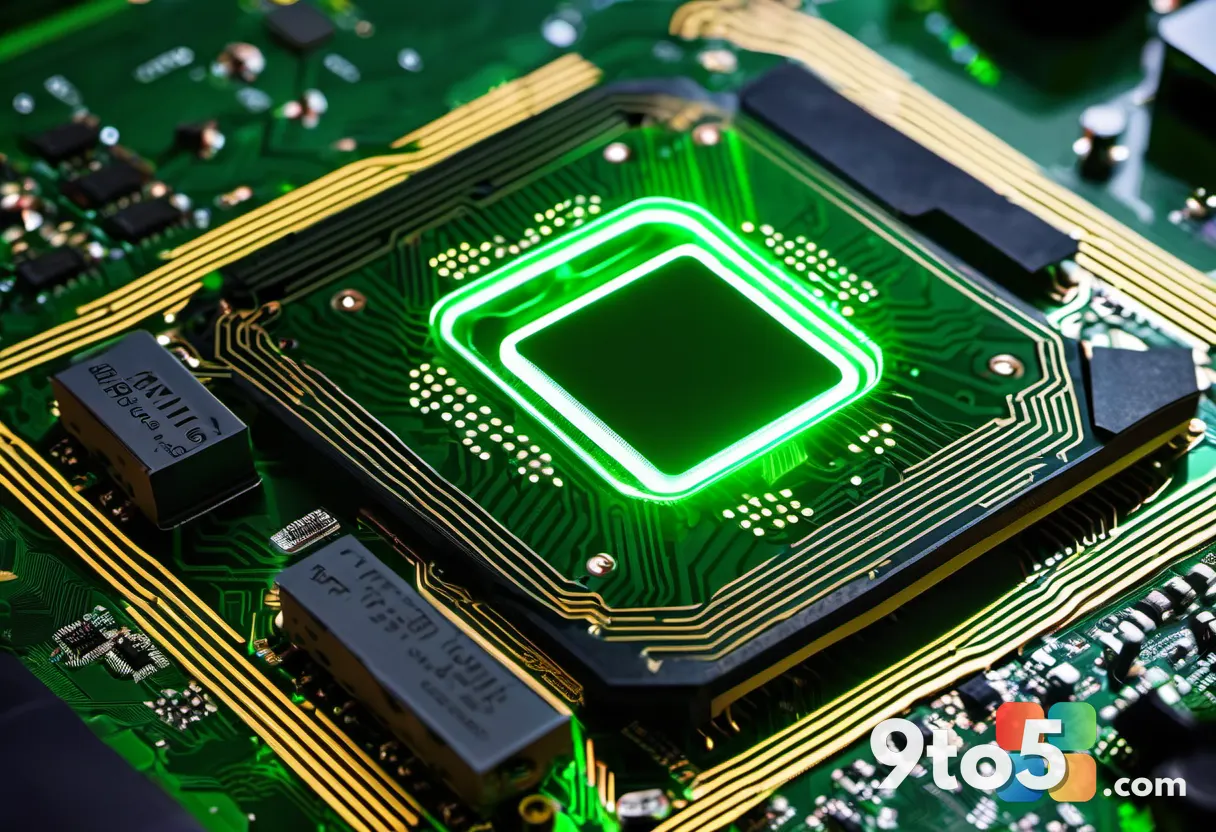 Close-up of an NVIDIA GeForce RTX laptop graphics chip on a dark circuit board, glowing green traces and accents, macro 
