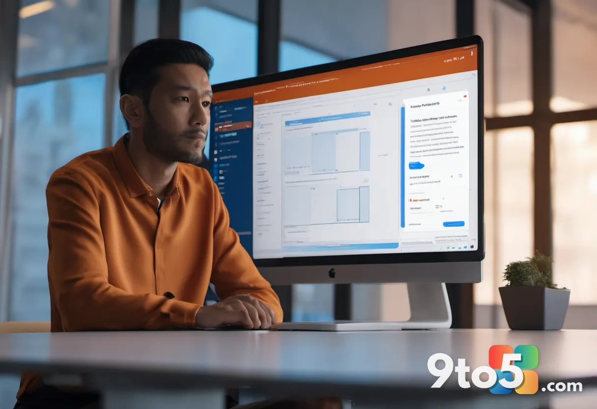 A person at a desk looking thoughtfully at a software license renewal notice on screen, warm ambient office lighting, sh