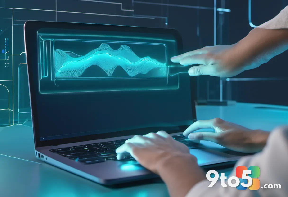 A person's hands typing on a keyboard with a glowing holographic image appearing above the laptop, futuristic office, co