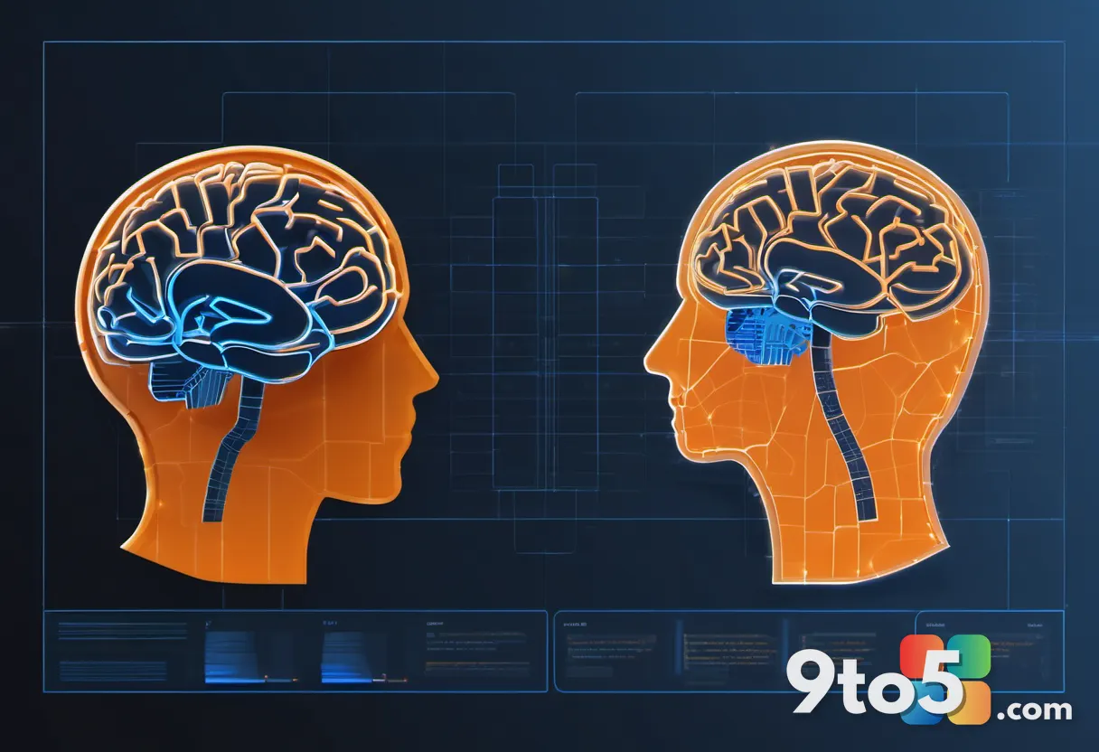 Two abstract glowing AI brain icons facing each other over a digital map, one warm orange and one cool blue, representin