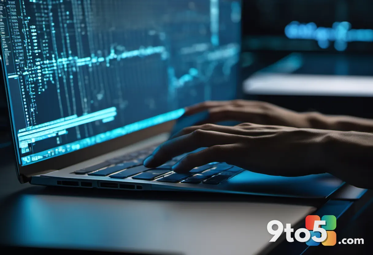 A person's hands on a laptop keyboard in a dimly lit workspace, with a soft blue glow reflecting off the screen suggesti