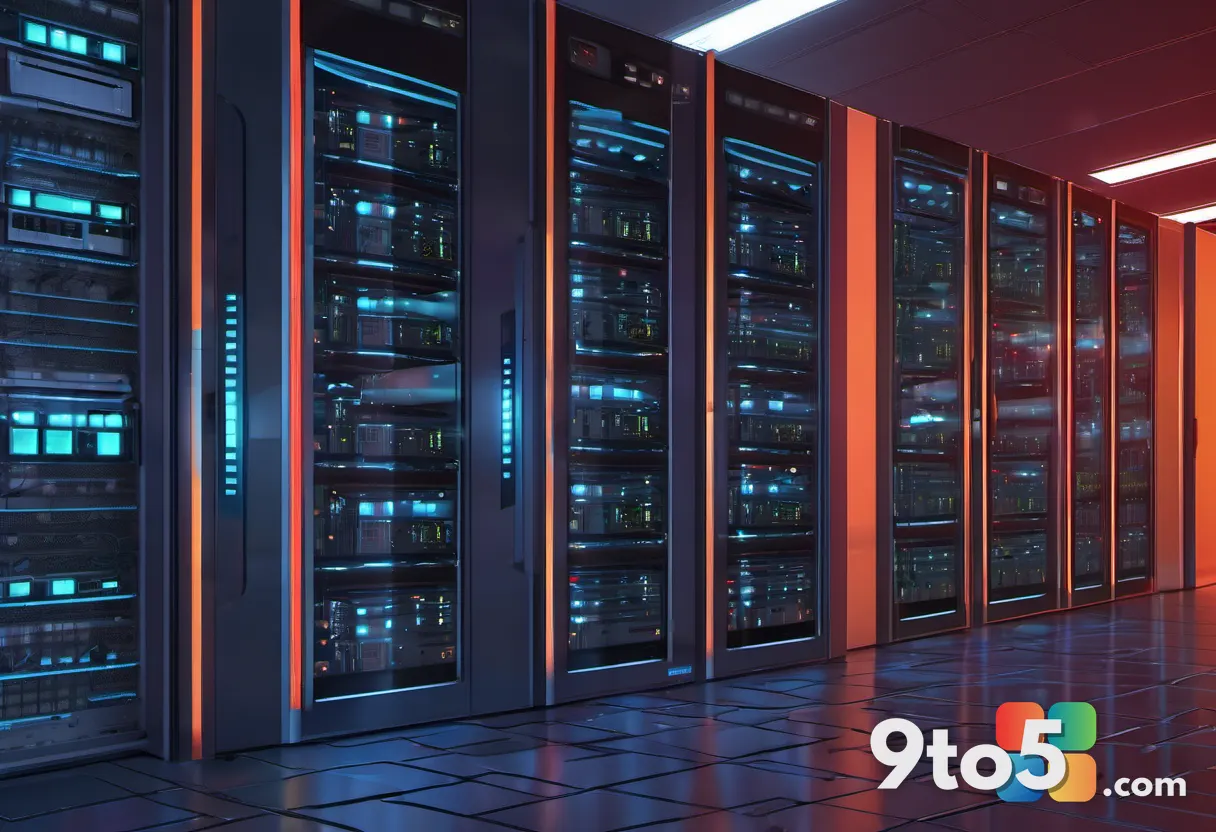 Illustration of a crowded data-center aisle with glowing server racks and a traffic-light capacity gauge tipped into the