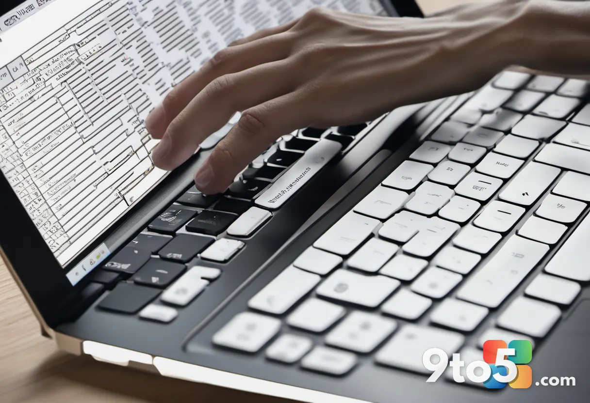 A close-up of hands typing on a laptop keyboard with Markdown symbols visible on the screen, shallow depth of field, war