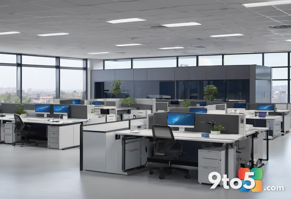 A split scene showing a thriving modern office on one side and an empty row of desks on the other, divided by a faint AI