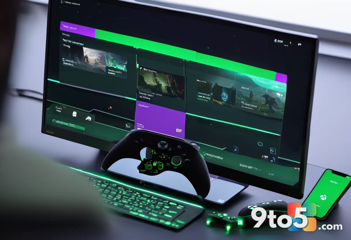 A person holding an Xbox controller in a dimly lit room, a phone screen glowing with a streaming game in the foreground,