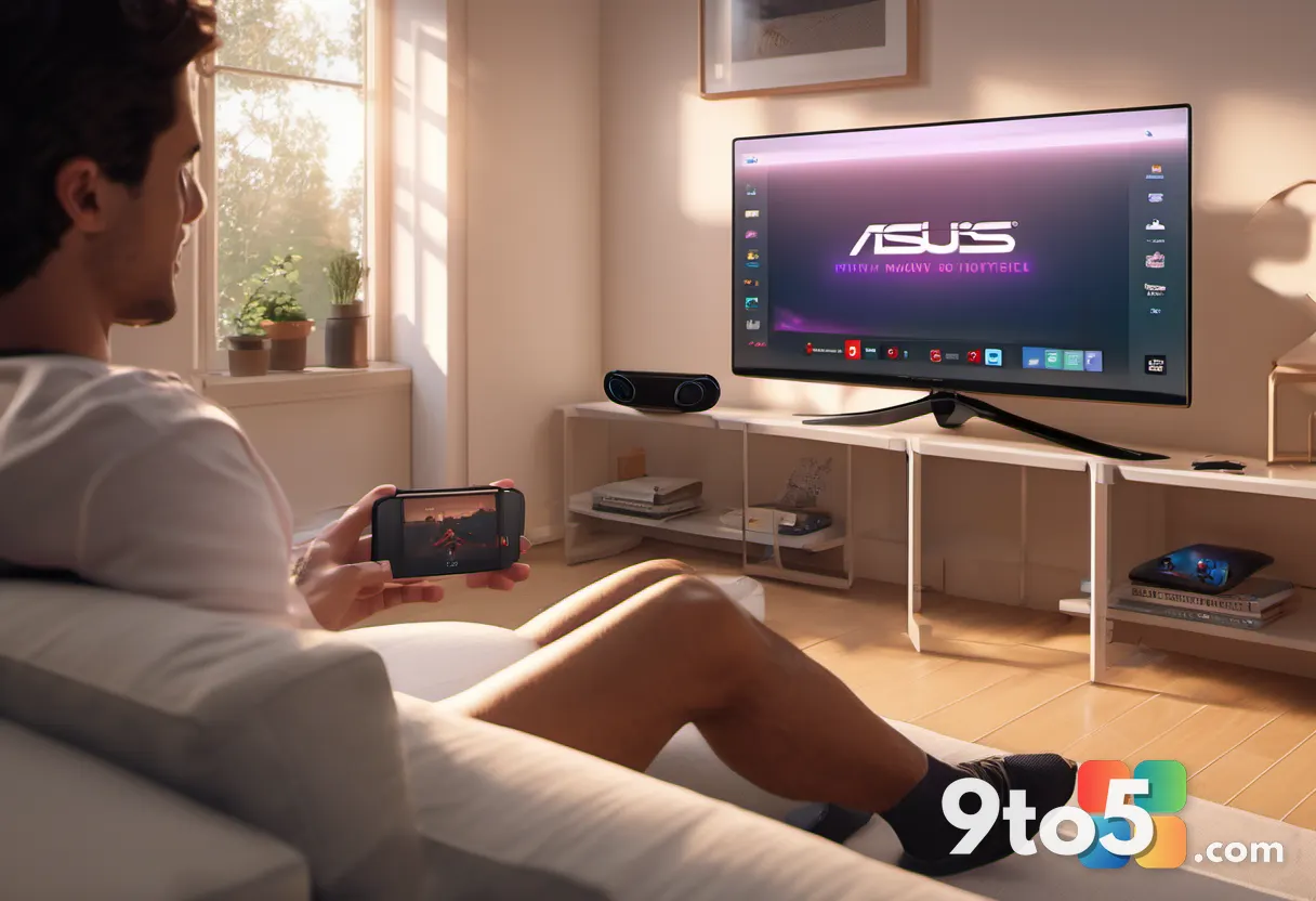 A gamer holding the white ROG Xbox Ally handheld, thumbs on the controls, relaxed on a couch in a warm living room, soft
