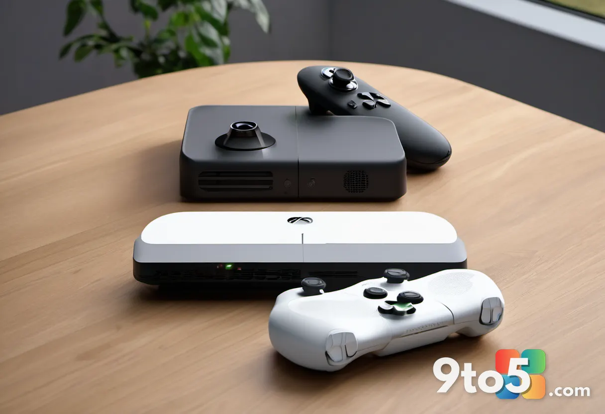 Two gaming handhelds side by side on a wooden table, white Xbox Ally and a dark OLED Deck, comparison shot, shallow dept