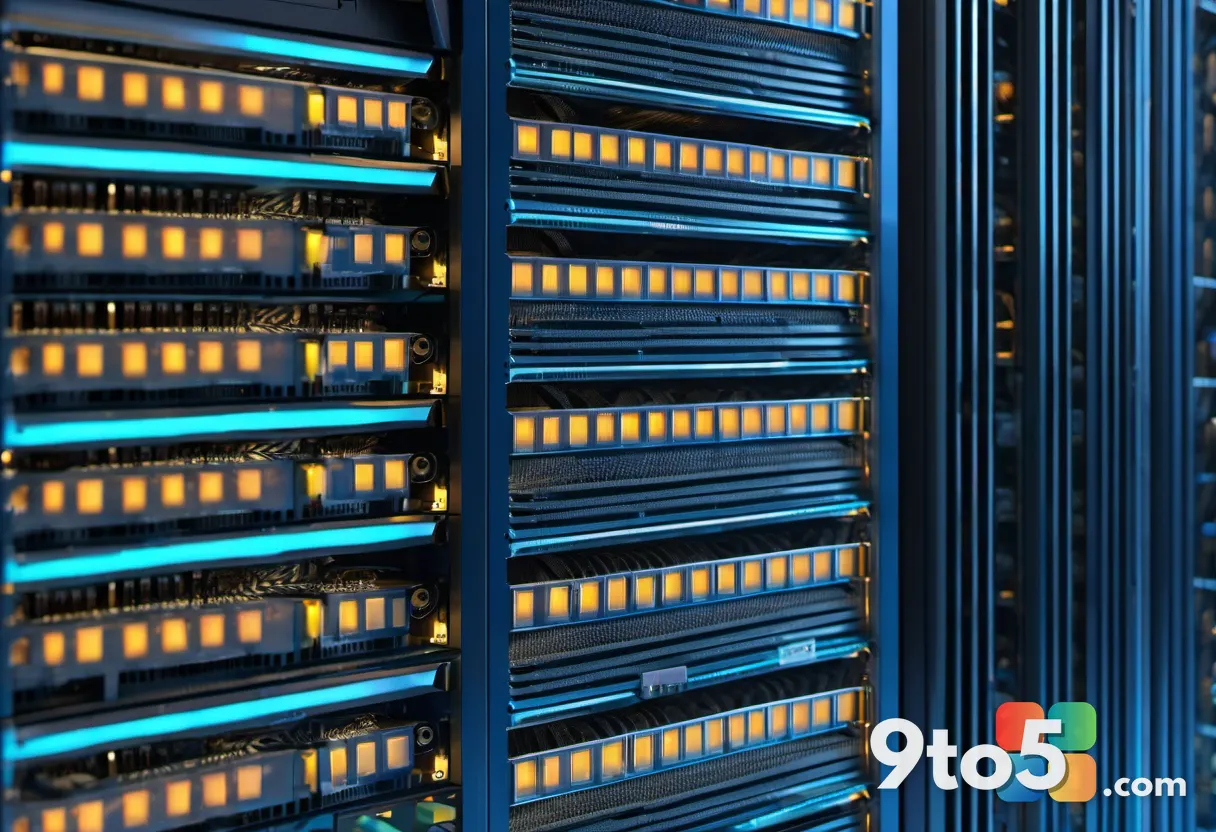 Stacks of SO-DIMM RAM modules in the foreground with blurred AI server racks behind them, cool blue and amber glow, repr