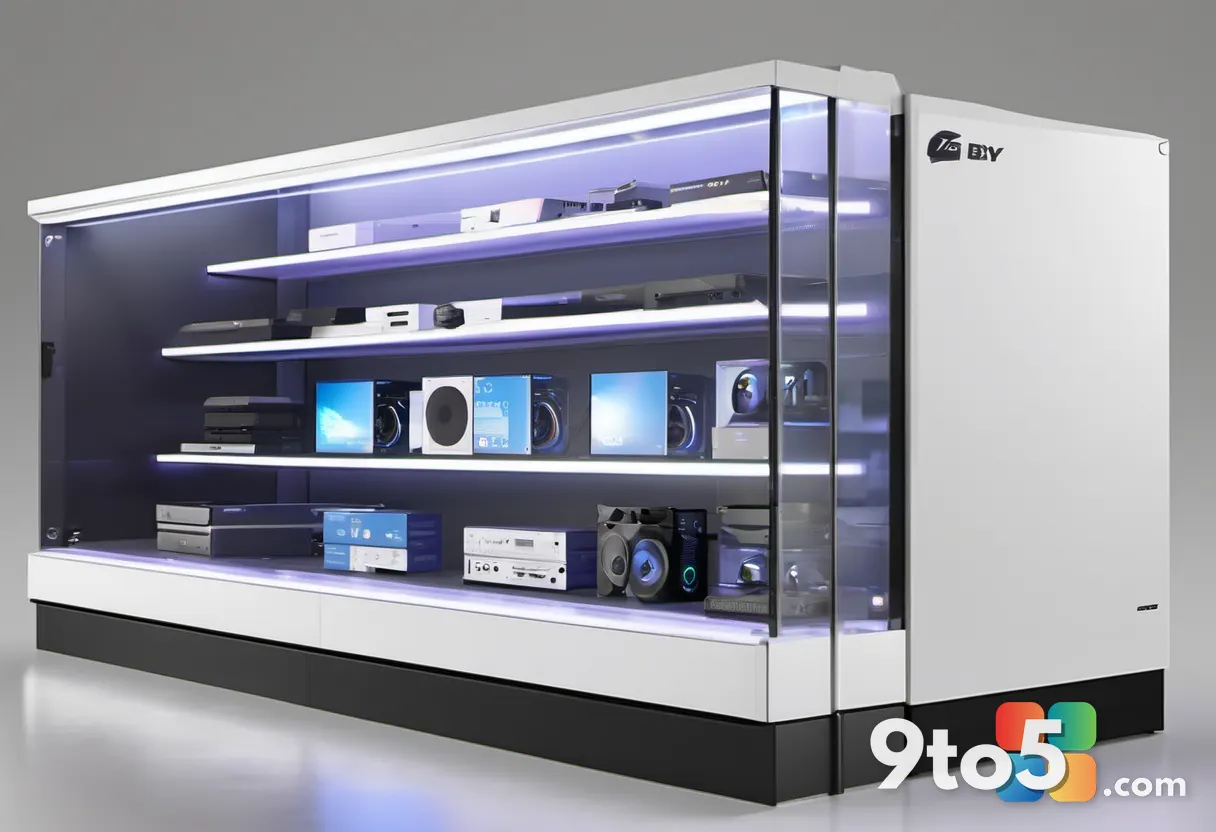 A Best Buy retail shelf with the white ROG Xbox Ally box on display, clean packaging, soft store lighting, availability-