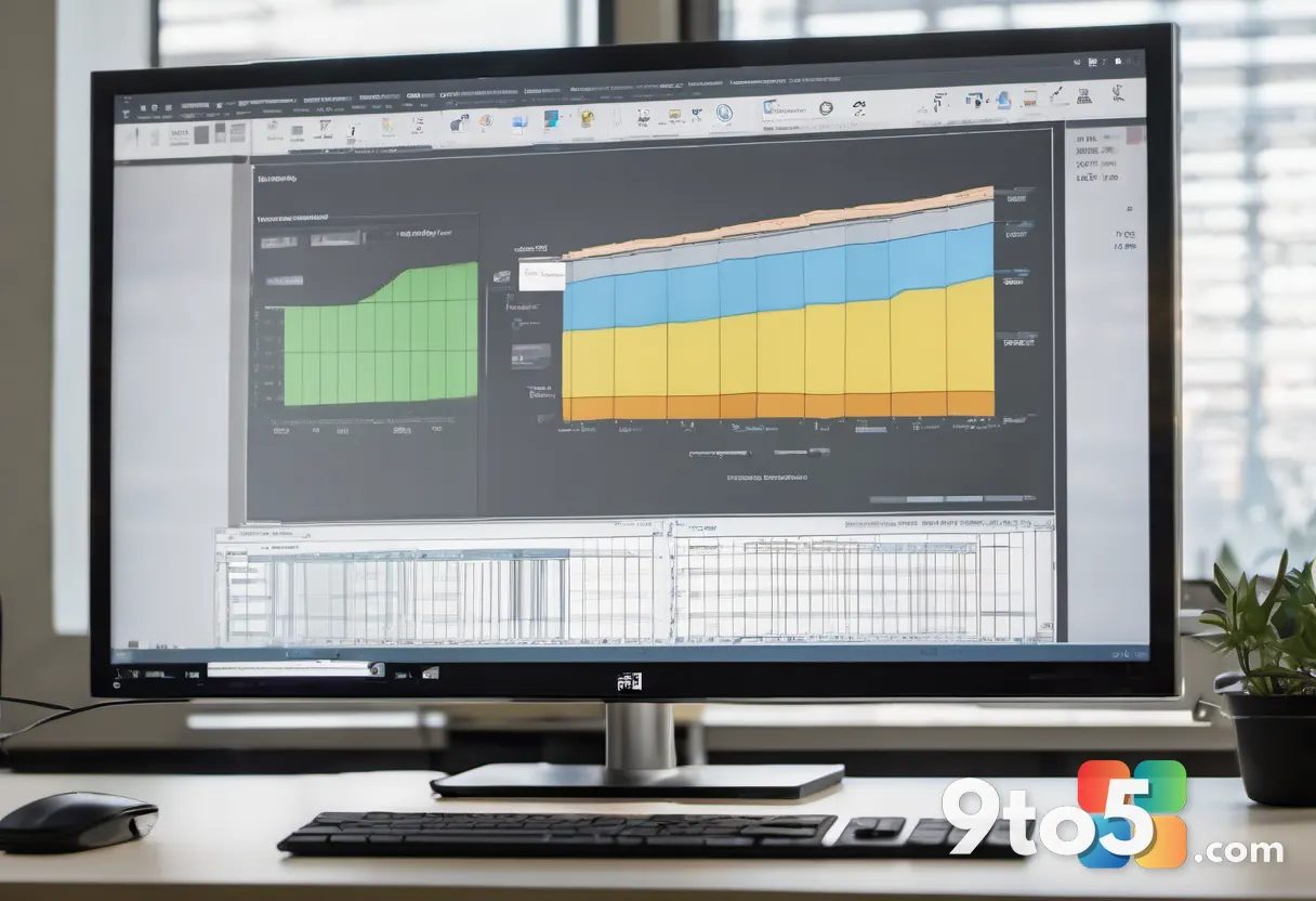 Close-up of a monitor screen showing a split-screen office layout with a spreadsheet and a browser window, warm desk lam