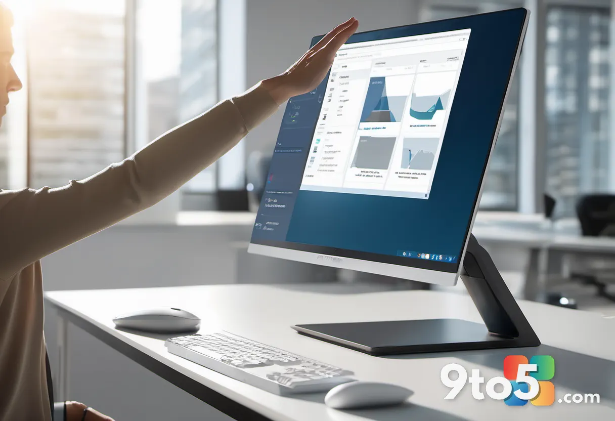 A hand adjusting the height of a monitor stand in a bright modern office, focus on the ergonomic tilt mechanism, soft ba