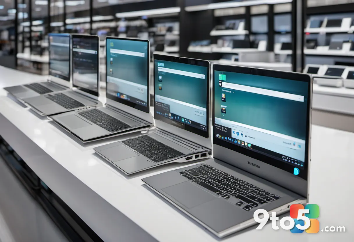 A lineup of several slim silver and gray laptops on a retail display shelf, Samsung storefront vibe, bright clean lighti