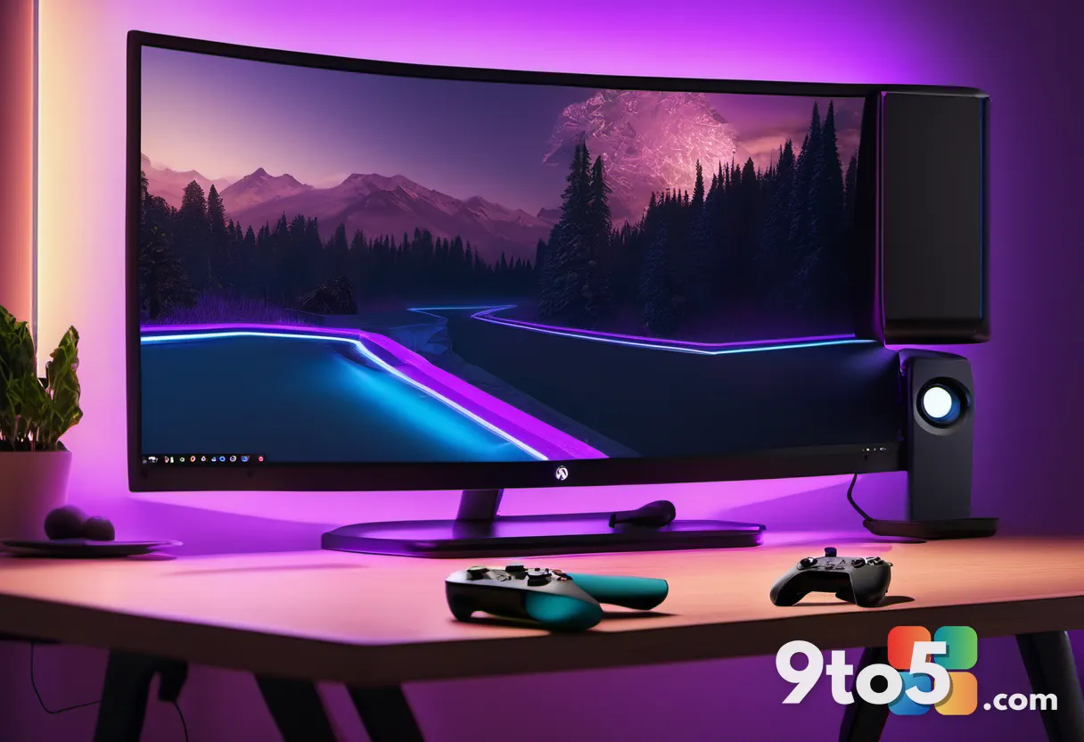 A modern gaming desk setup with an Xbox controller resting on a wooden surface, soft ambient purple and blue LED lightin