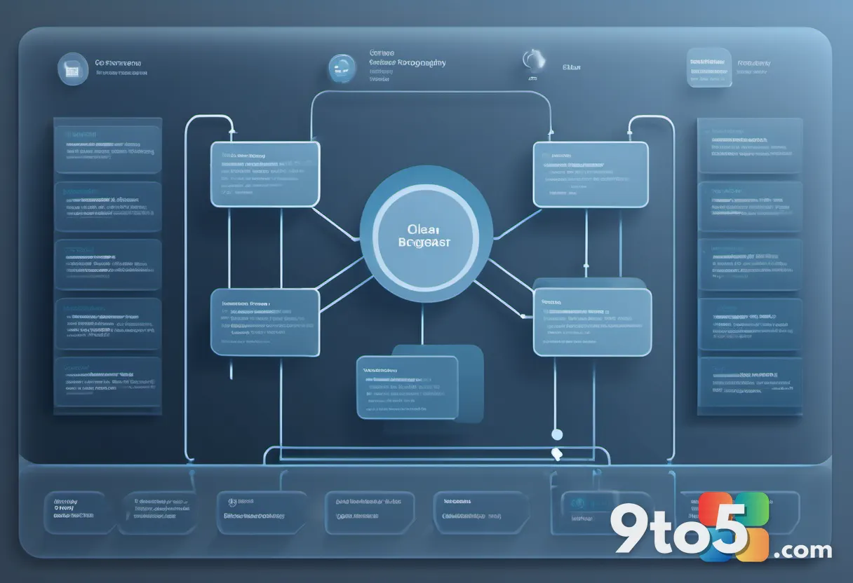 An abstract minimalist illustration of a corporate org chart being streamlined, blue and grey tones, clean modern office