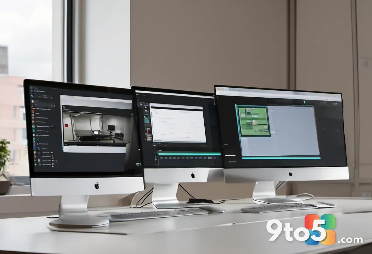 Multiple laptops and a desktop computer arranged together on a desk, each showing the same video software, symbolizing a