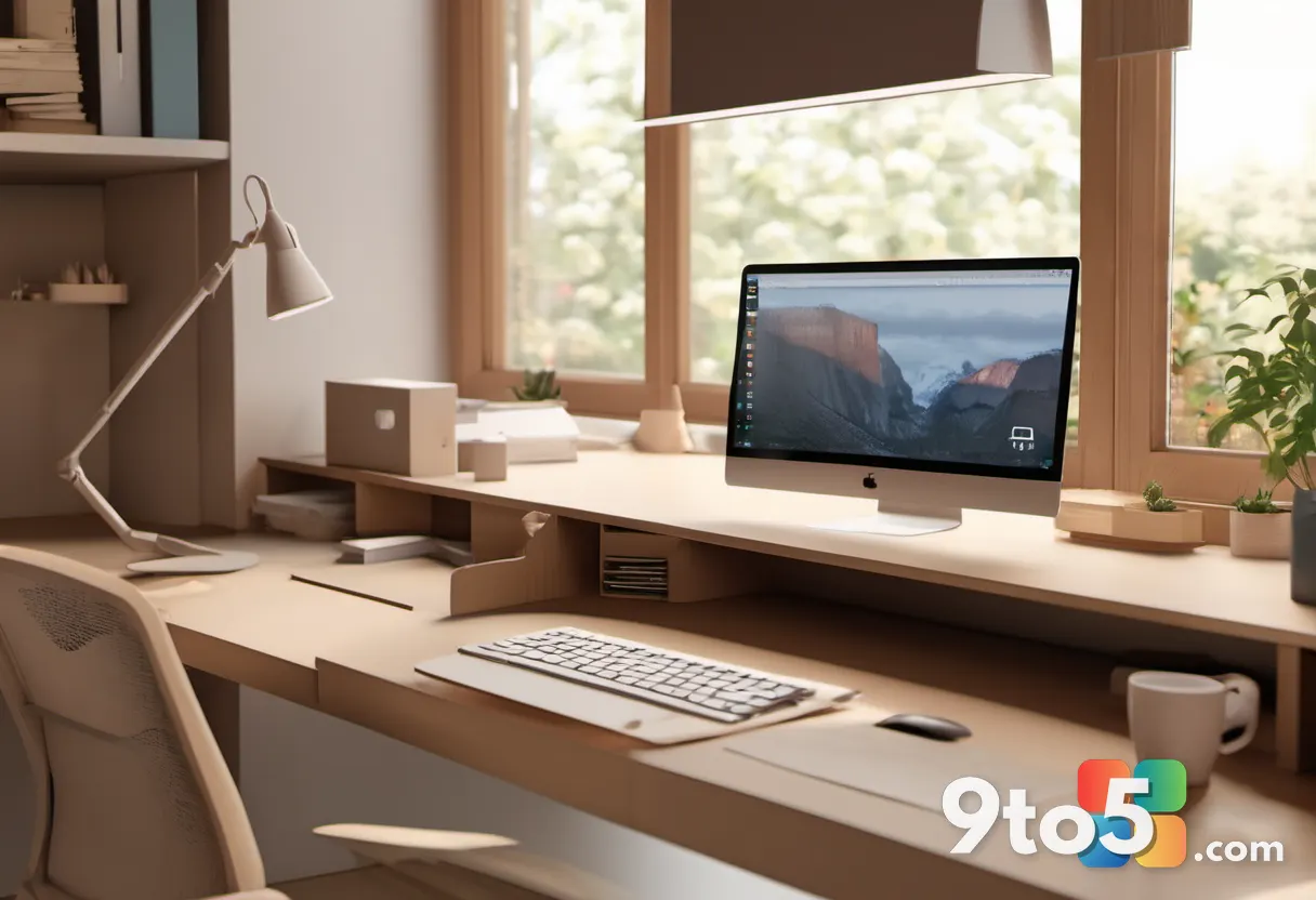 A tidy home office desk with an open laptop, a small wooden mailbox overflowing with letter envelopes, soft morning ligh