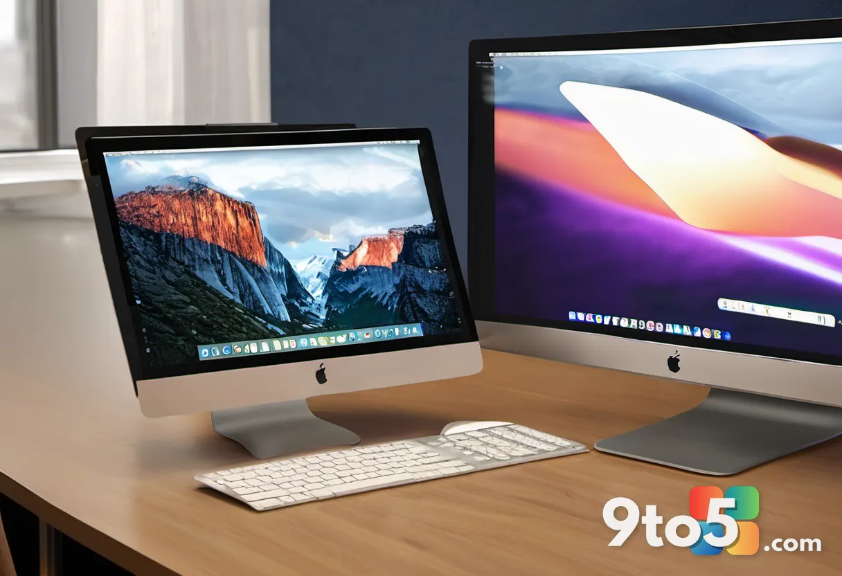 Two desktop computers side by side on a wooden desk, one with a Windows-style wallpaper and one with a macOS-style wallp