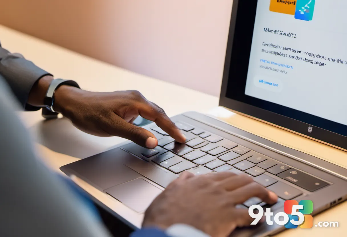 A close-up of a hand tapping a glowing '81% OFF' sale badge on a laptop screen showing Office productivity apps, warm de