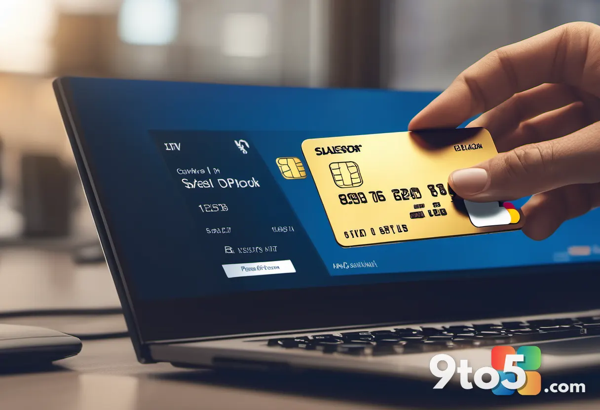A person's hand holding a credit card over a laptop keyboard, screen showing a shopping cart with a prominent sale badge