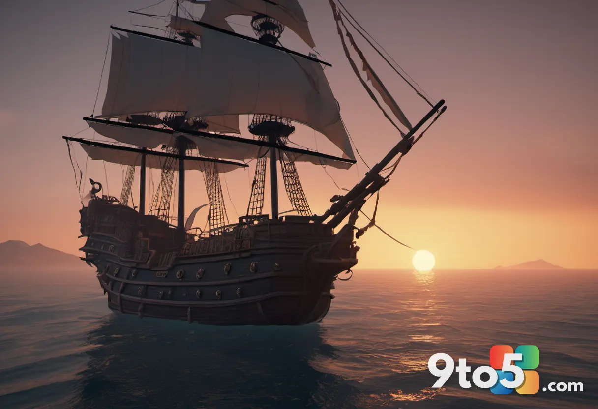 A weathered pirate crew standing on the deck of a ghostly galleon under a hazy sunset, ocean spray and distant islands, 